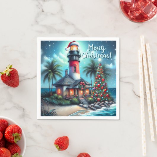 Whimsical Tropical Christmas Lighthouse Aquamarin  Serviette (Beispiel)