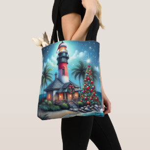 Whimsical Tropical Christmas Lighthouse Aquamarin Tasche