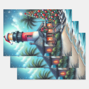 Whimsical Tropical Christmas Lighthouse Decoupage Geschenkpapier Set