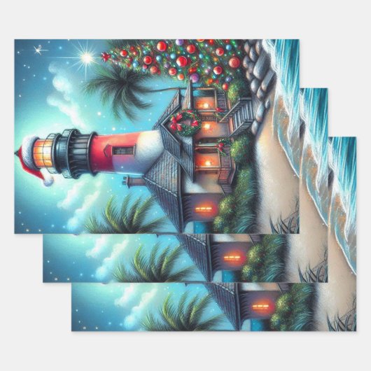 Whimsical Tropical Christmas Lighthouse Decoupage Geschenkpapier Set (Set)
