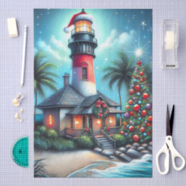 Whimsical Tropical Christmas Lighthouse Decoupage Seidenpapier