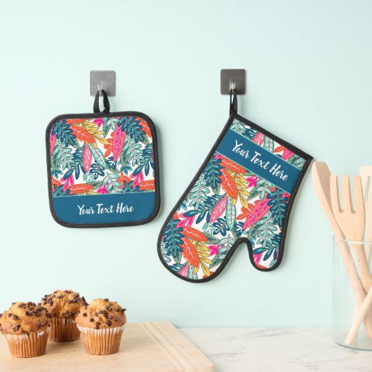 Whimsical Tropical Floral Leaf Print Ofenhandschuh & Topflappen-Set (Insitu (Hängend))