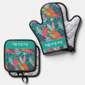Whimsical Tropical Floral Leaf Print Ofenhandschuh & Topflappen-Set (Vorderseite/Rückseite)