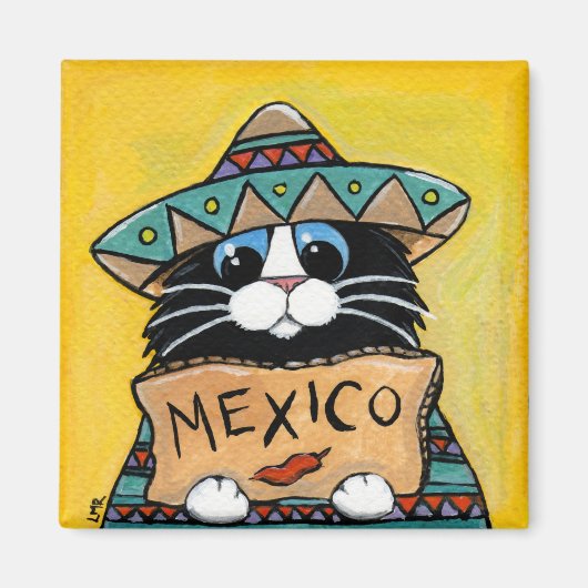 Whimsical Tuxedo Katze mexikanischer Hitchhiker Magnet (Vorne)
