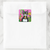 Whimsical Tuxedo Katze mit Blume Folk Kunst Quadratischer Aufkleber (Tasche)