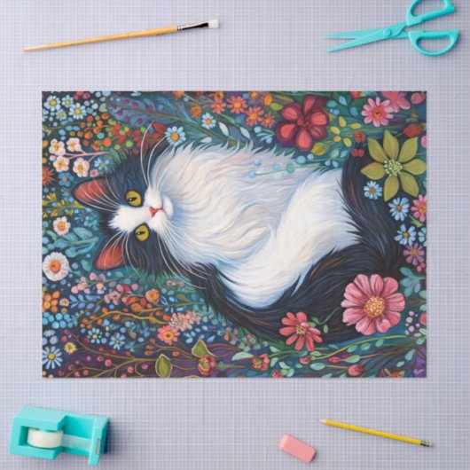 Whimsical Tuxedo Katze mit Wildblumen Decoupage Seidenpapier (Basteln)