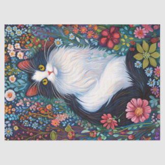 Whimsical Tuxedo Katze mit Wildblumen Decoupage Seidenpapier