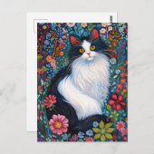 Whimsical Tuxedo Katze mit Wildblumen Postkarte (Vorne/Hinten)