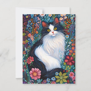 Whimsical Tuxedo Katze mit Wildblumen Postkarte