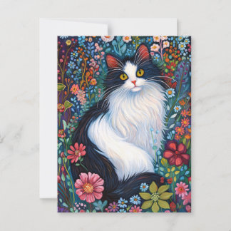 Whimsical Tuxedo Katze mit Wildblumen Postkarte