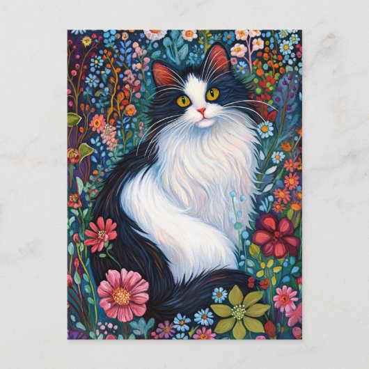 Whimsical Tuxedo Katze mit Wildblumen Postkarte (Vorderseite)
