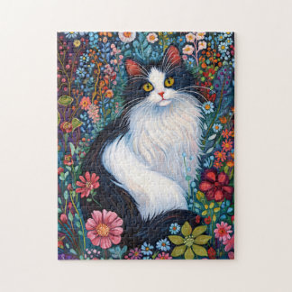 Whimsical Tuxedo Katze mit Wildblumen Puzzle
