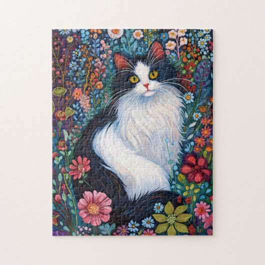 Whimsical Tuxedo Katze mit Wildblumen Puzzle (Vertikal)