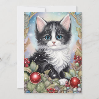 Whimsical Tuxedo Kitten Holly Berries Rahmen Feiertagskarte
