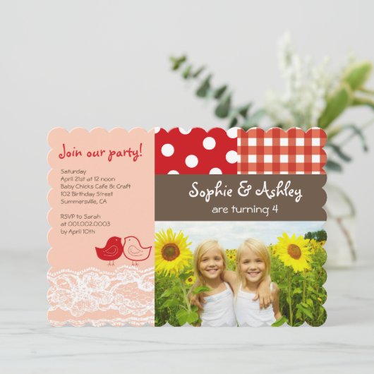 Whimsical Twin Birds Lace Birthday Party Einladung (Stehend Vorderseite)