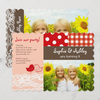 Whimsical Twin Birds Lace Birthday Party Einladung
