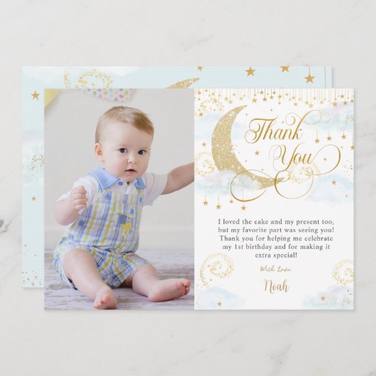 Whimsical Twinkle Little Star Blue Birthday Foto Dankeskarte (Vorne/Hinten)
