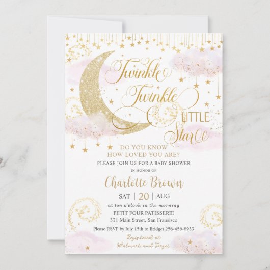 Whimsical Twinkle Little Star Pink Baby Dusche Einladung (Vorderseite)