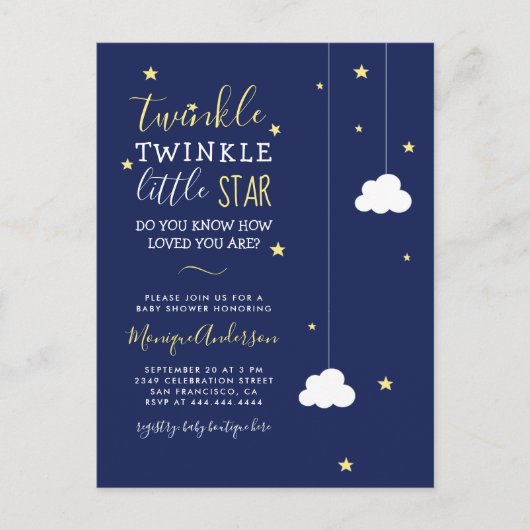 Whimsical Twinkle Twinkle Little Star Baby Dusche Einladungspostkarte (Vorderseite)