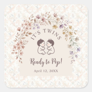 Whimsical Twins Baby Shower Pastell-Blumenmuster L Quadratischer Aufkleber