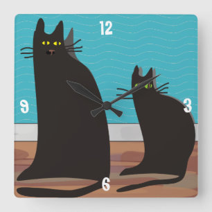 Whimsical Two Black Cats Art Clock Quadratische Wanduhr