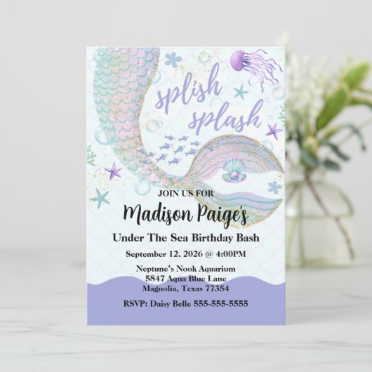 Whimsical Under Sea Mermaid Geburtstag Einladung (Stehend Vorderseite)