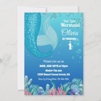 Whimsical Under Sea Mermaid Mädchen 1. Geburtstag Einladung