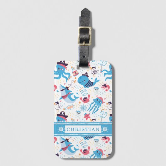 Whimsical Under Sea Pirate Nautical Theme Kids Gepäckanhänger (Vorderseite Vertikal)