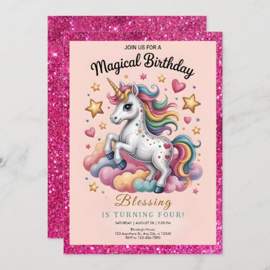 Whimsical Unicorn 4th Birthday Einladung (Vorne/Hinten)