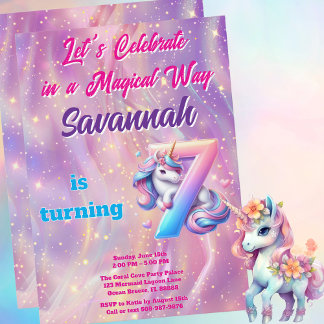 Whimsical Unicorn 7. Geburtstagsparty Einladung