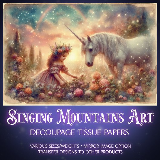 Whimsical Unicorn And Girl Fantasy Art Decoupage Seidenpapier