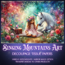 Whimsical Unicorn And Girl In Forest Decoupage Seidenpapier