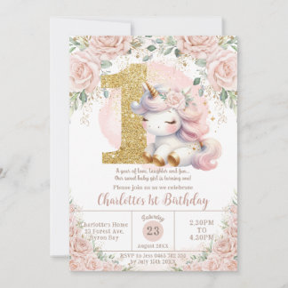 Whimsical Unicorn Blush Pink Floral 1. Geburtstag Einladung