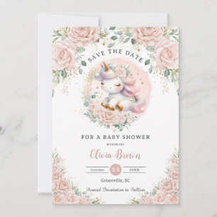 Whimsical Unicorn Blush Pink Floral Baby Dusche Save The Date