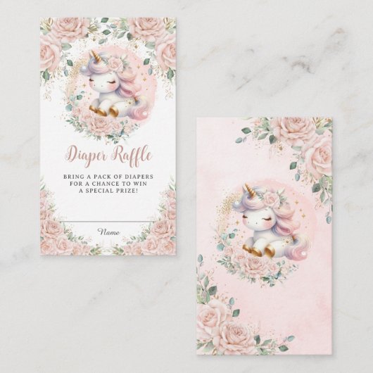 Whimsical Unicorn Blush Pink Floral Diaper Raffel Begleitkarte (Vorne/Hinten)