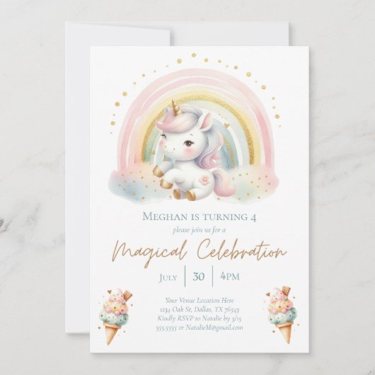 Whimsical Unicorn, Eiscreme und Regenbogen Geburts Einladung (Vorderseite)