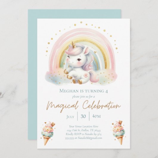 Whimsical Unicorn, Eiscreme und Regenbogen Geburts Einladung (Vorne/Hinten)