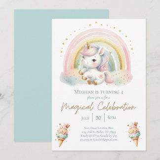 Whimsical Unicorn, Eiscreme und Regenbogen Geburts Einladung