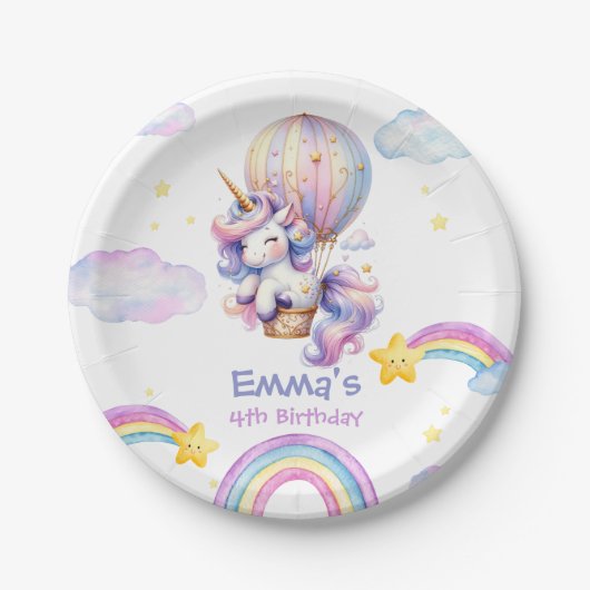 Whimsical Unicorn Heißluftballon Birthday Papa Pappteller (Vorderseite)