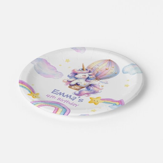 Whimsical Unicorn Heißluftballon Birthday Papa Pappteller (Schrägansicht)