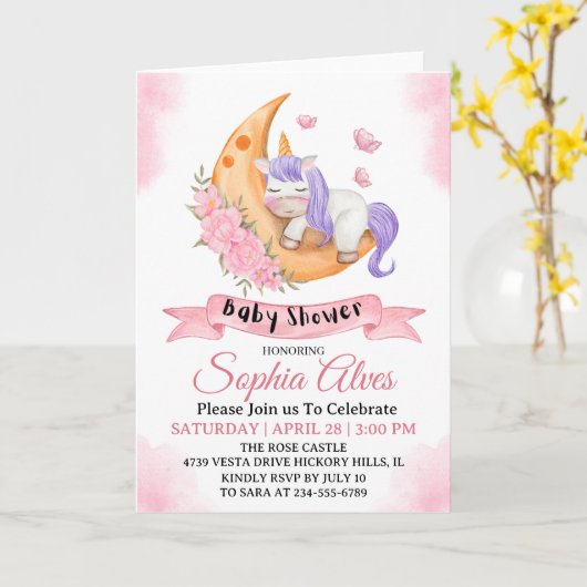 Whimsical Unicorn Moon Baby Shower for Baby Girl Karte (Gelbe Blume)