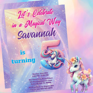 Whimsical Unicorn Pastel Rainbow 5. Geburtstag Einladung