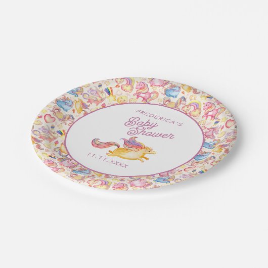 Whimsical Unicorns Baby Shower Pappteller (Schrägansicht)