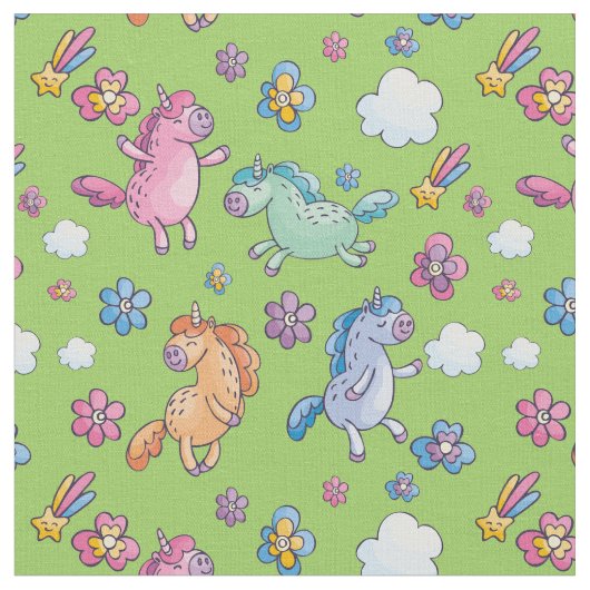 Whimsical Unicorns und Helle Hübsche Blume Stoff (Nahaufnahme)