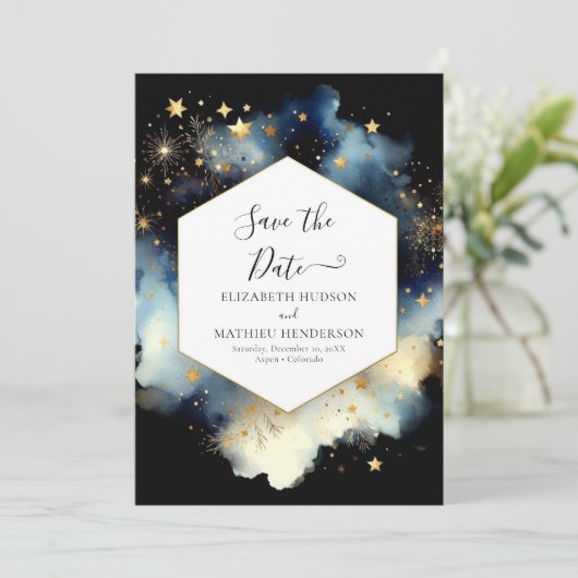 Whimsical Unique Celestial Wedding Save The Date (Stehend Vorderseite)