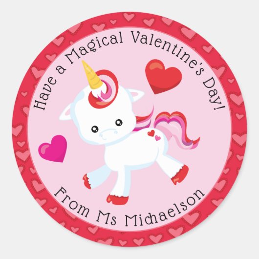 Whimsical Valentine Magical Unicorn Herz Runder Aufkleber (Vorderseite)