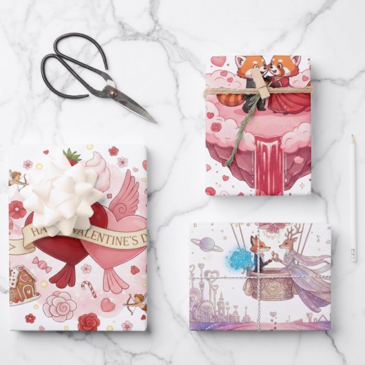 "Whimsical Valentine" Mixed Illustration Wrapping Geschenkpapier Set (Vorderseite)