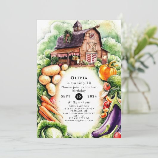 Whimsical Veggies Bauern Markt Geburtstag Einladung (Stehend Vorderseite)