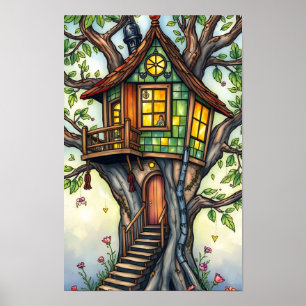 Whimsical verklebtes Glas Treehouse Poster