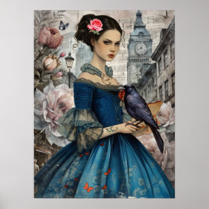 Whimsical Viktorianisch Gothic Girl & Florals Lond Poster